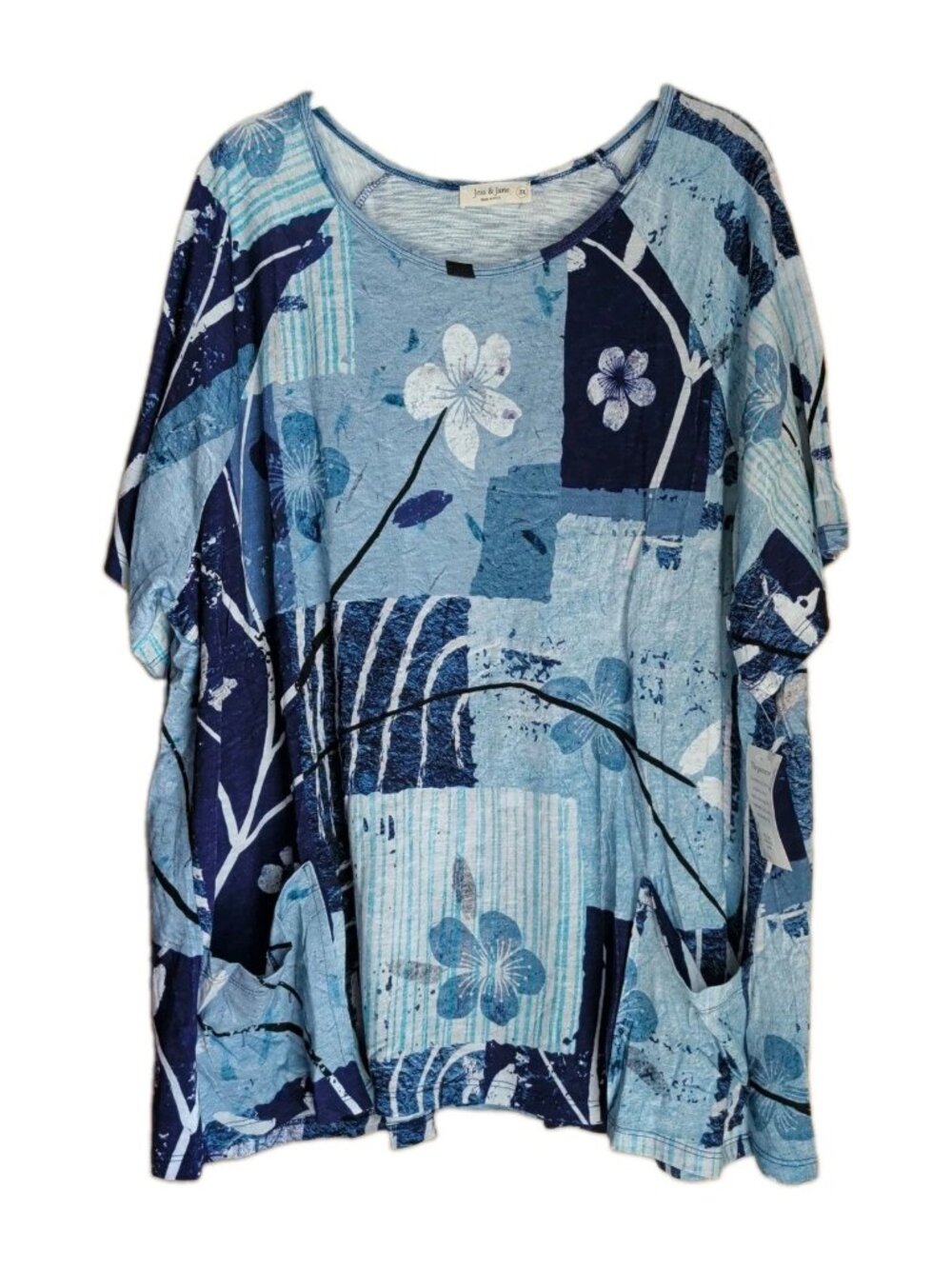 NWT Jess & Jane Hana Top Sz 3X Blue Floral Art to Wear Boho Coastal Patchwork